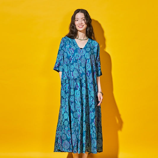 Terry Voile Flower Gradient Print Tiered Dress