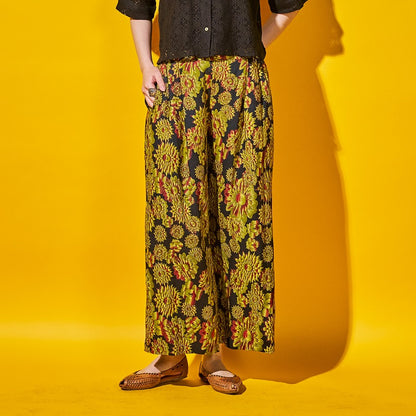 Terry Voile Flower Gradient Print Tuck Pants