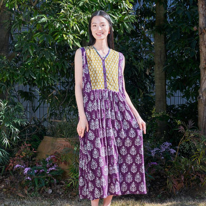 Bi-Color Flower Print Sleeveless Front-Open Dress