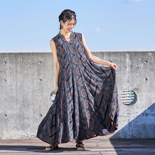 Rayon Ajrakh Vertical Seam Dress