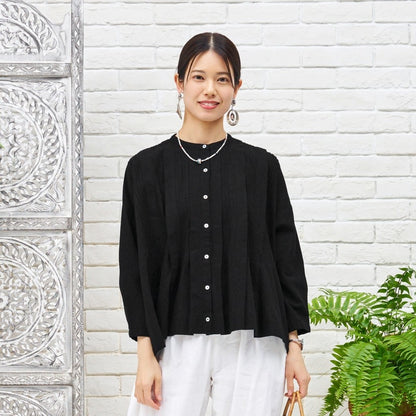 Linen-Blend Pintuck Short Blouse