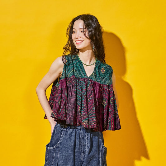 Cotton Oriental Print Flare Pullover