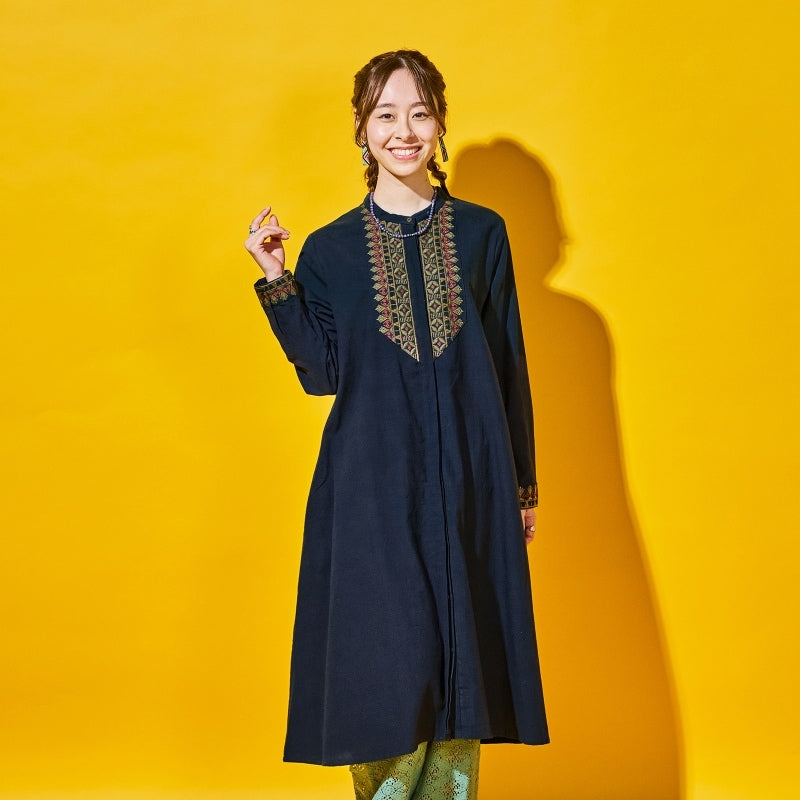 Cotton Geometric Embroidery Front-Open Dress