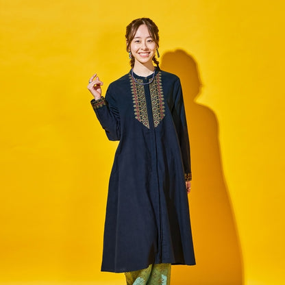 Cotton Geometric Embroidery Front-Open Dress