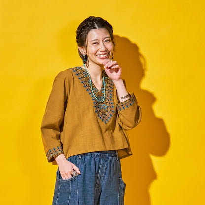 Cotton Geometric Embroidery Wide Pullover