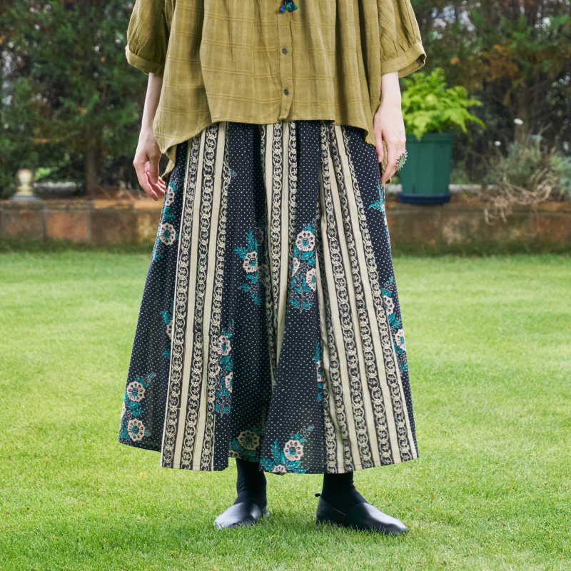 Cotton Flower x Stripe Print Tiered Skirt
