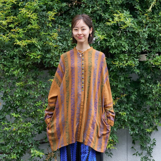 Rayon Stripe Print & Triangular Embroidery Front-Open Dress