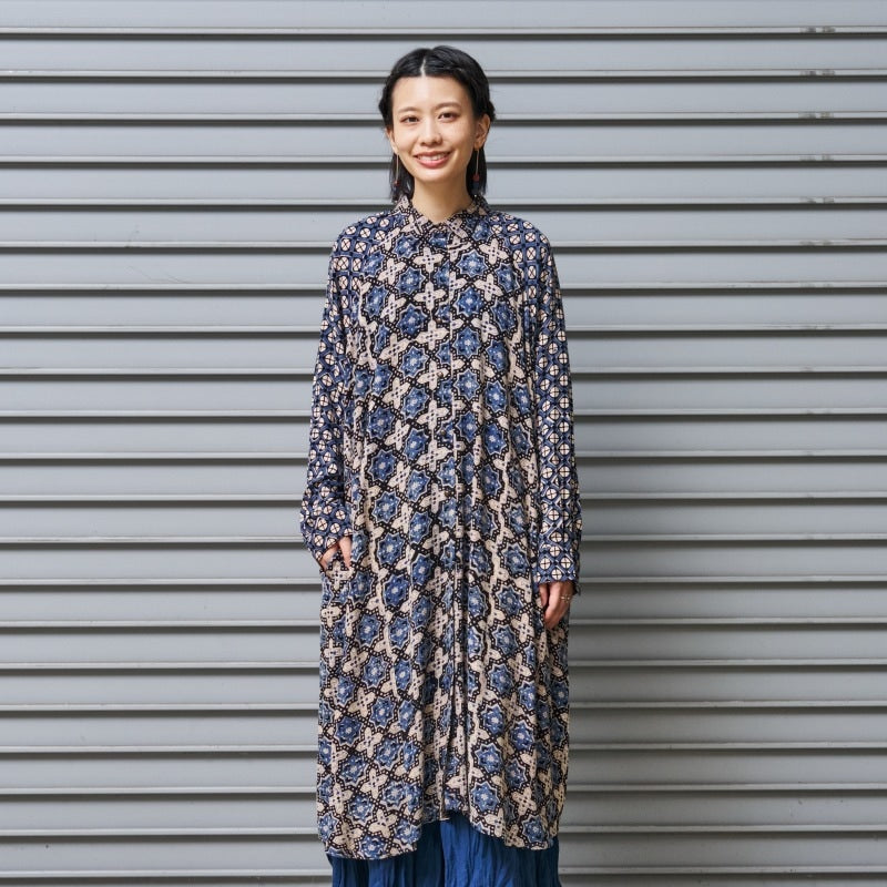 Rayon Geometric Block Print Front-Open Dolman Dress