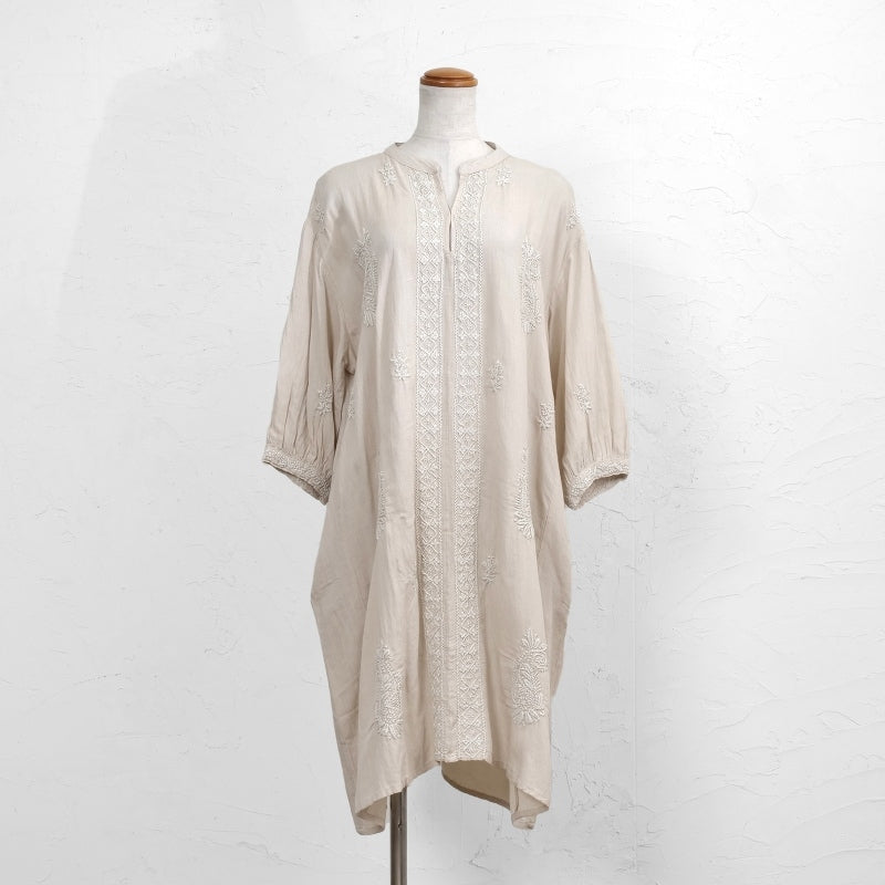 Linen-Blend Lucknow Embroidery Long Blouse N