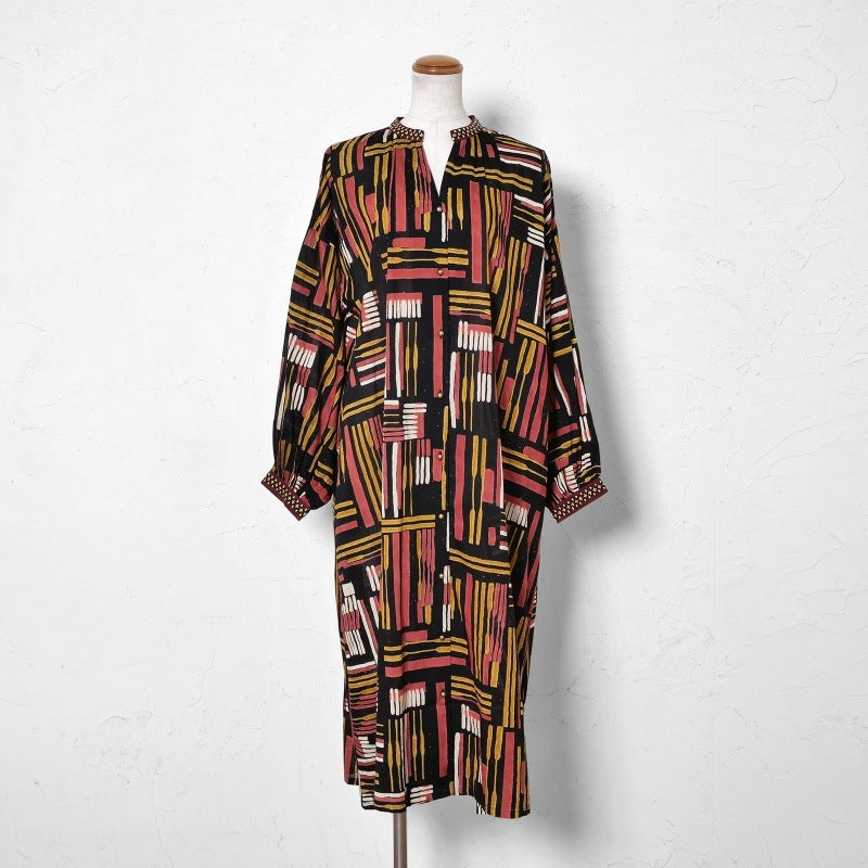 Cotton Line Print Front Open Dress