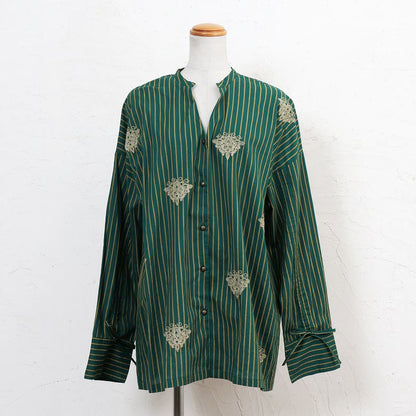 Cotton Stripe Flower Point Embroidery Blouse
