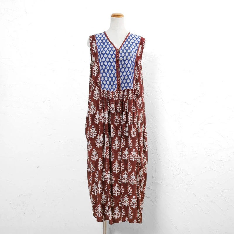 Bi-Color Flower Print Sleeveless Front-Open Dress