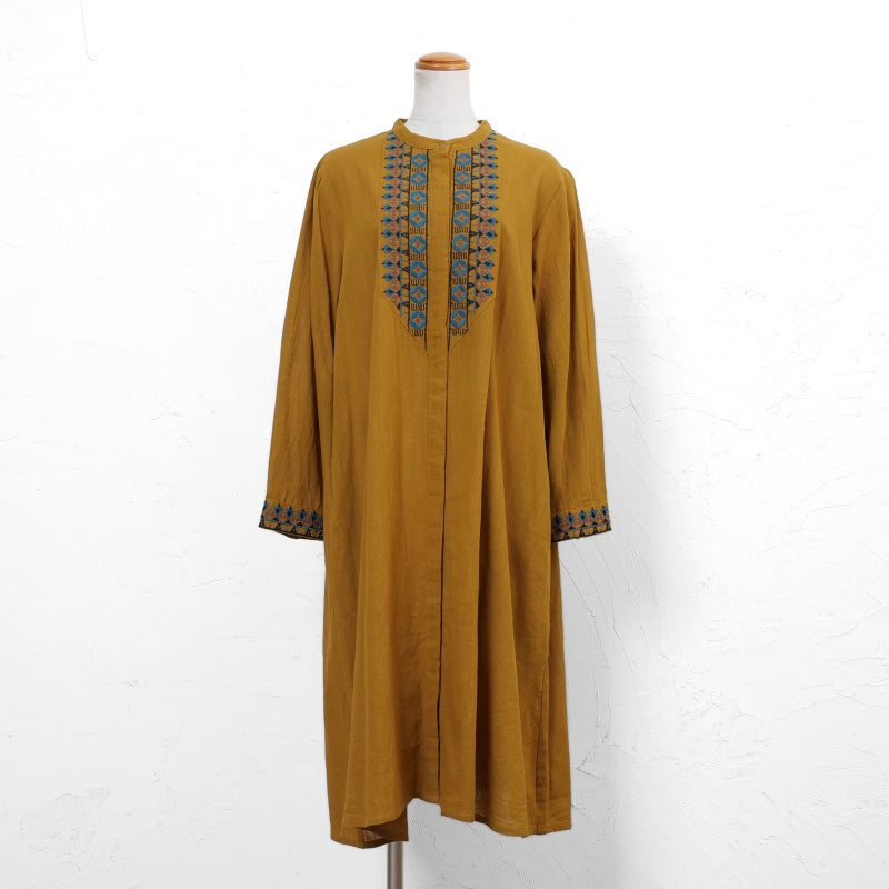 Cotton Geometric Embroidery Front-Open Dress