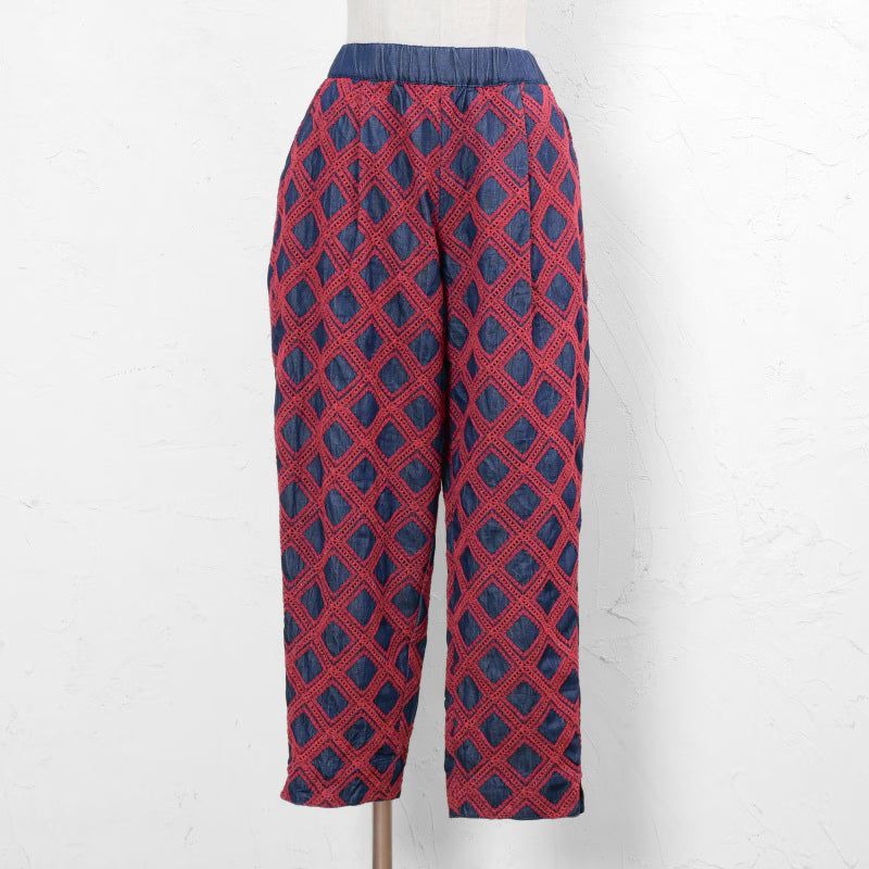 Denim Cross Embroidered Tapered Pants