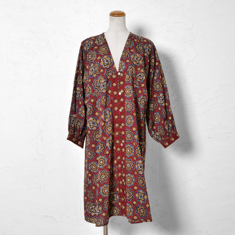 Geometric Block Gathered Sleeve Front Opening Dress