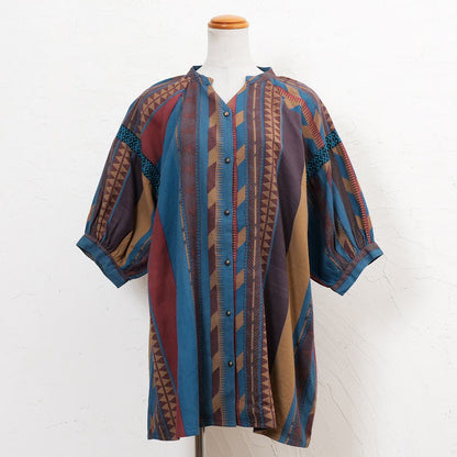 Cotton Stripe Print Embroidery Blouse