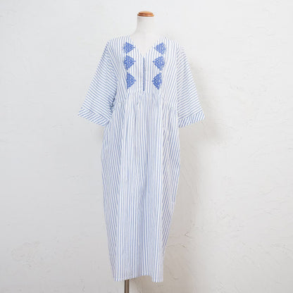 Cotton Stripe Flower Embroidery Dress