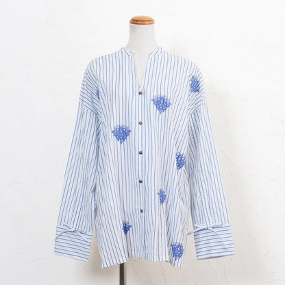 Cotton Stripe Flower Point Embroidery Blouse