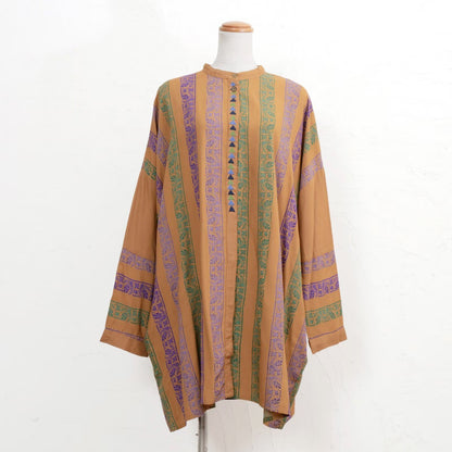 Rayon Stripe Print & Triangular Embroidery Front-Open Dress