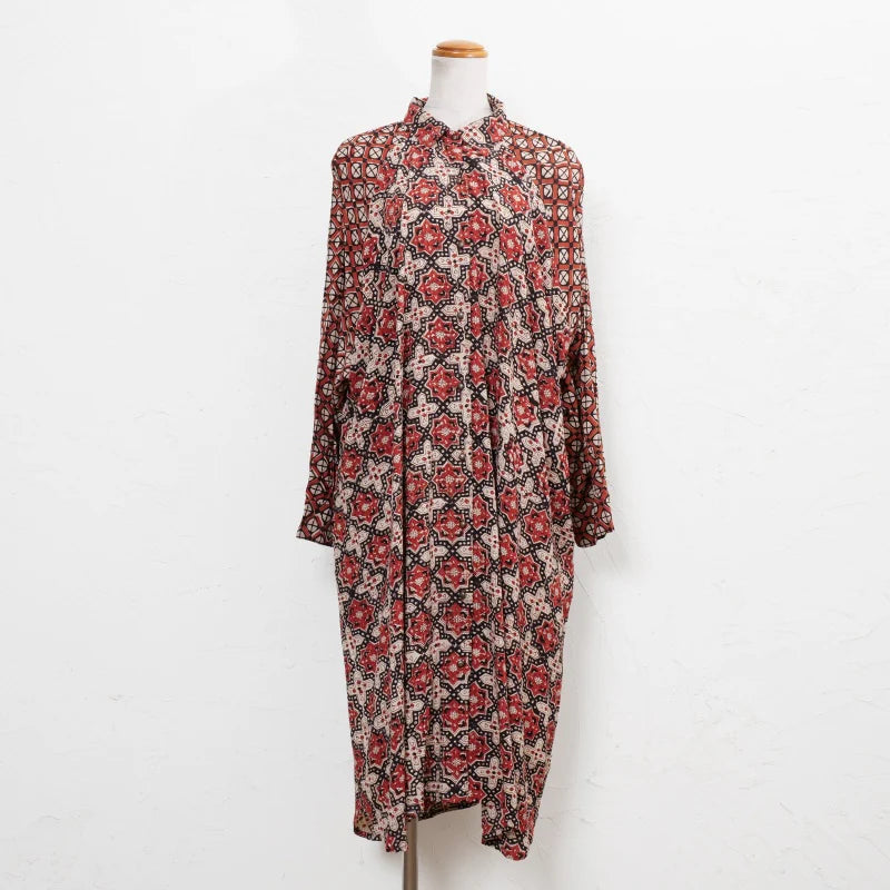 Rayon Geometric Block Print Front-Open Dolman Dress