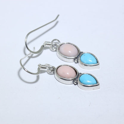Pink Coral/Turquoise Earrings by Navajo