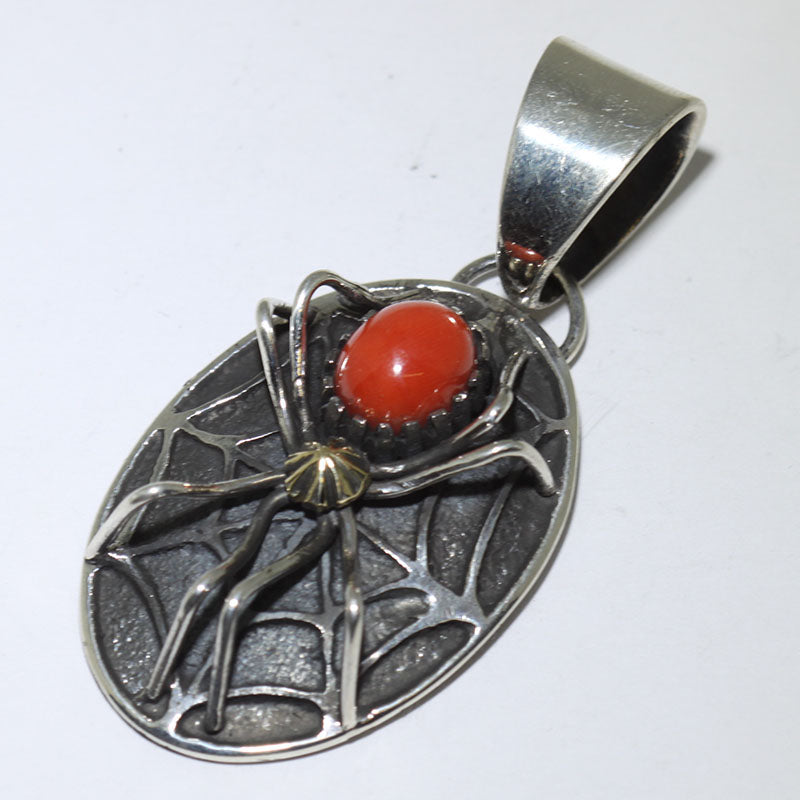 Coral Spider Pendant by Philander Begay