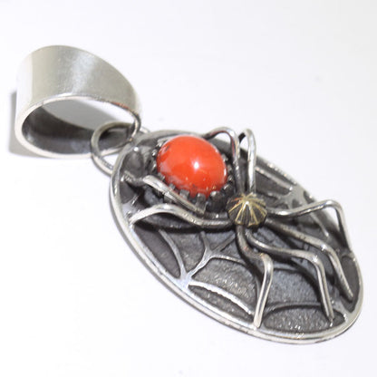 Coral Spider Pendant by Philander Begay