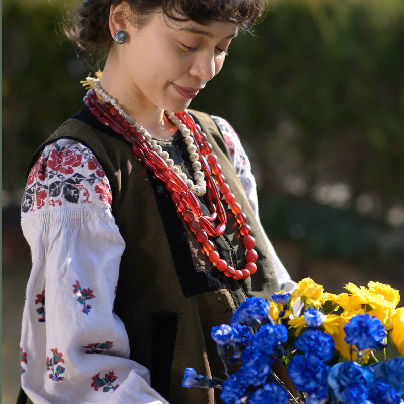 Filo di Perline Bohemian di Commercio con Ciliegie Etiopi e Perline Rosse