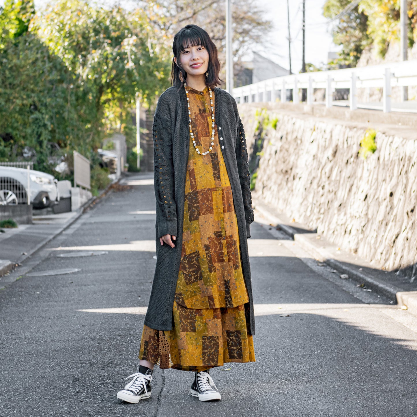 Vestido de camisa com estampado de flores em renda jacquard de rayon