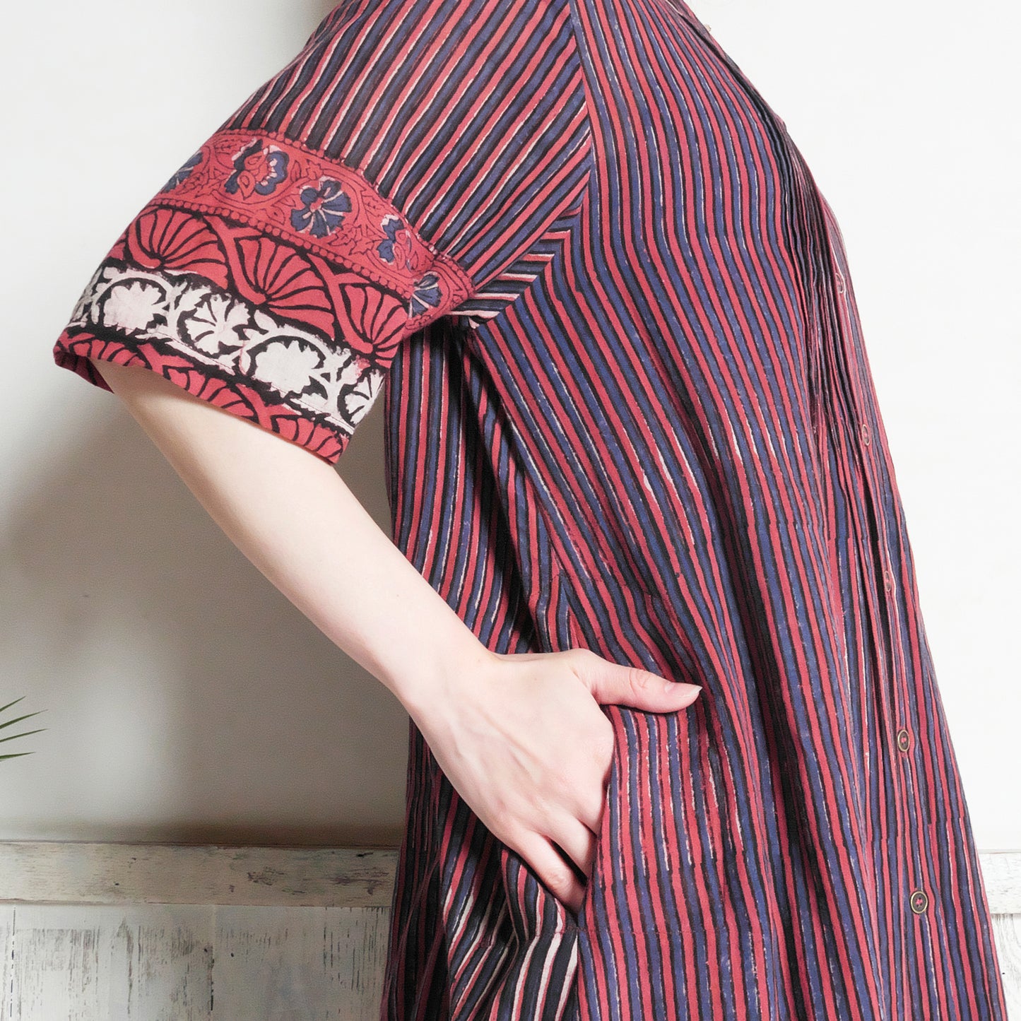 코튼 바그루 스트라이프 보태니컬 패널 프린트 셔츠 드레스