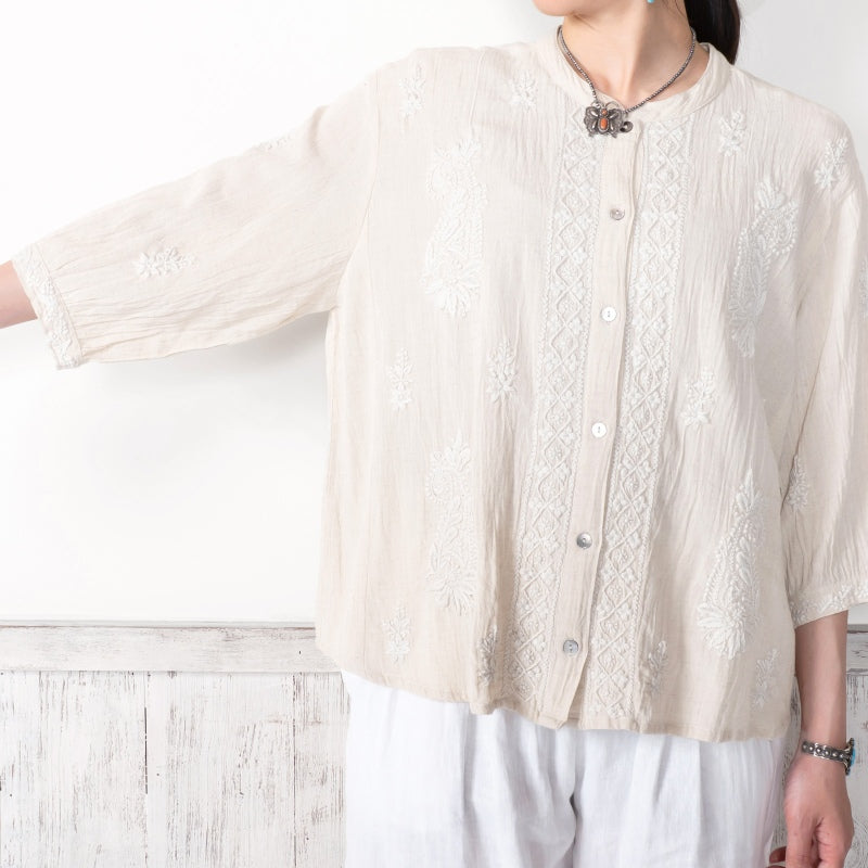 Linen-Blend Lucknow Embroidery Blouse N