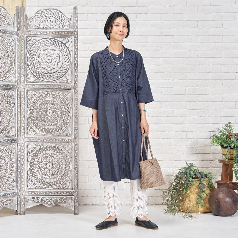 Denim Smocking Long Shirt