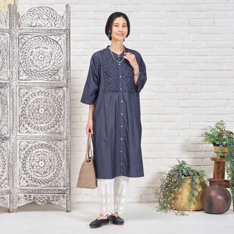 Denim Smocking Long Shirt