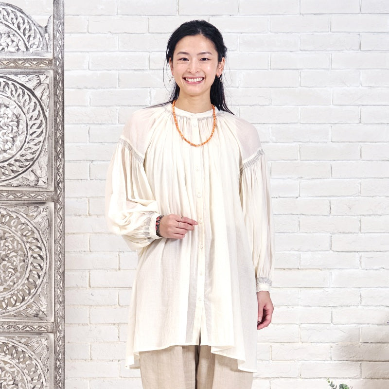 Cotton Gauze Shirring Gather Blouse