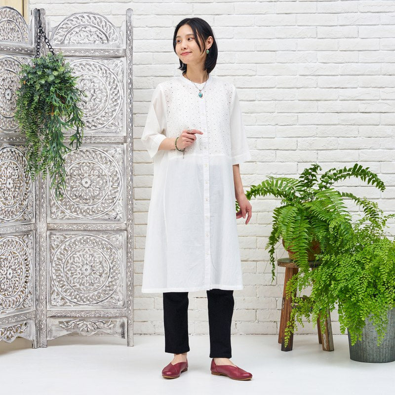Cotton Dot Lace Combo Front Open Dress