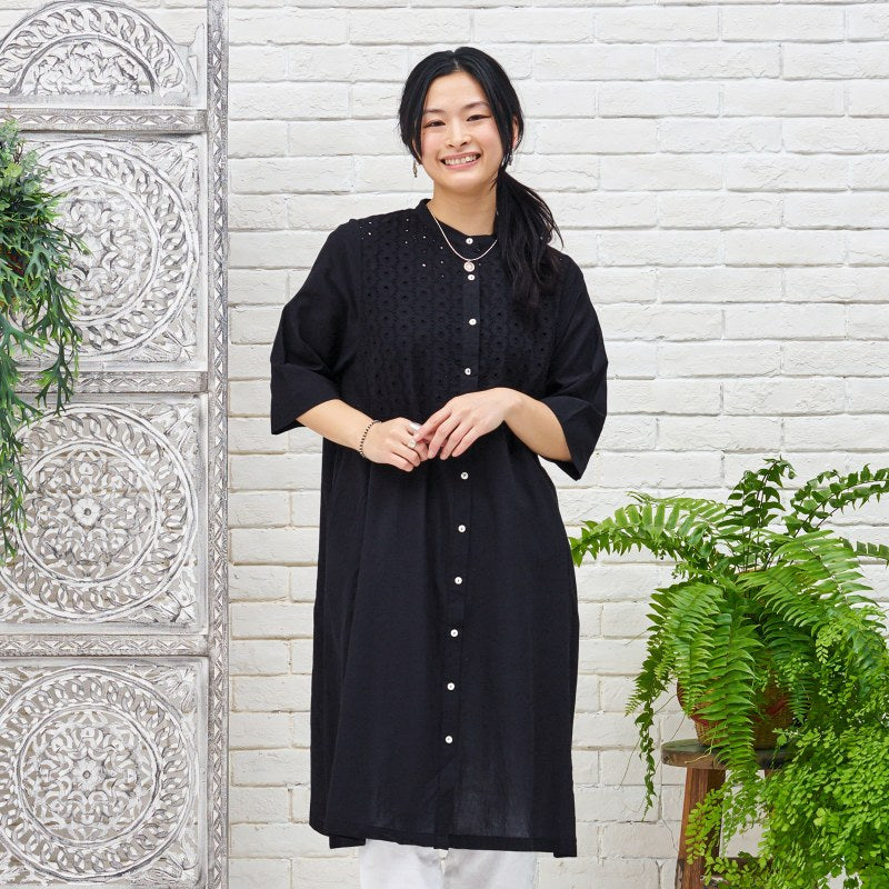 Cotton Dot Lace Combo Front Open Dress