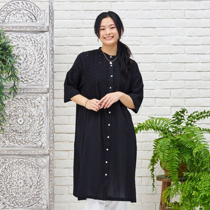 Cotton Dot Lace Combo Front Open Dress