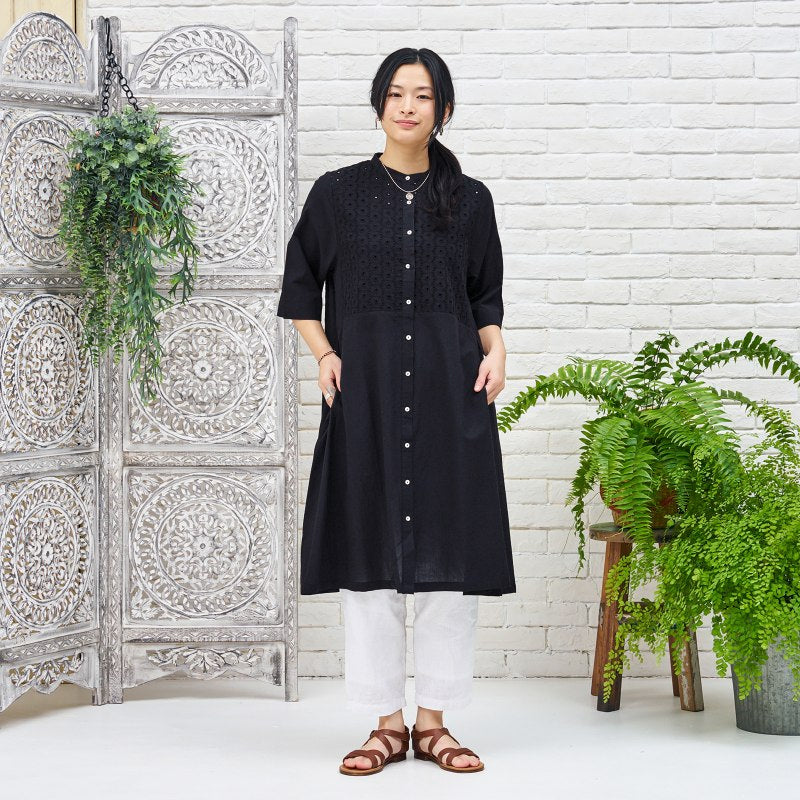 Cotton Dot Lace Combo Front Open Dress