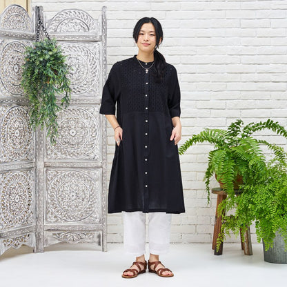Cotton Dot Lace Combo Front Open Dress