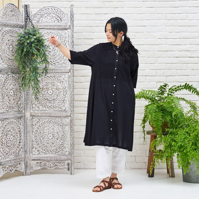 Cotton Dot Lace Combo Front Open Dress
