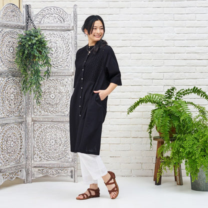 Cotton Dot Lace Combo Front Open Dress