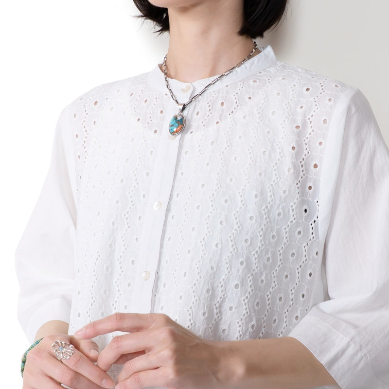 Cotton Dot Lace Combo Front Open Dress