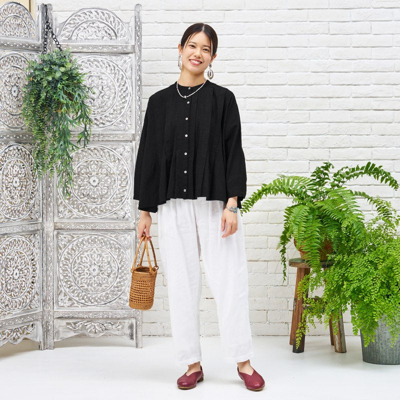 Linen-Blend Pintuck Short Blouse