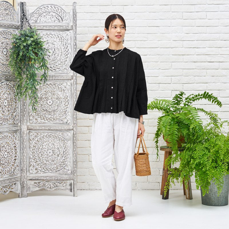 Linen-Blend Pintuck Short Blouse