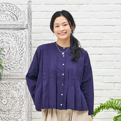 Linen-Blend Pintuck Short Blouse