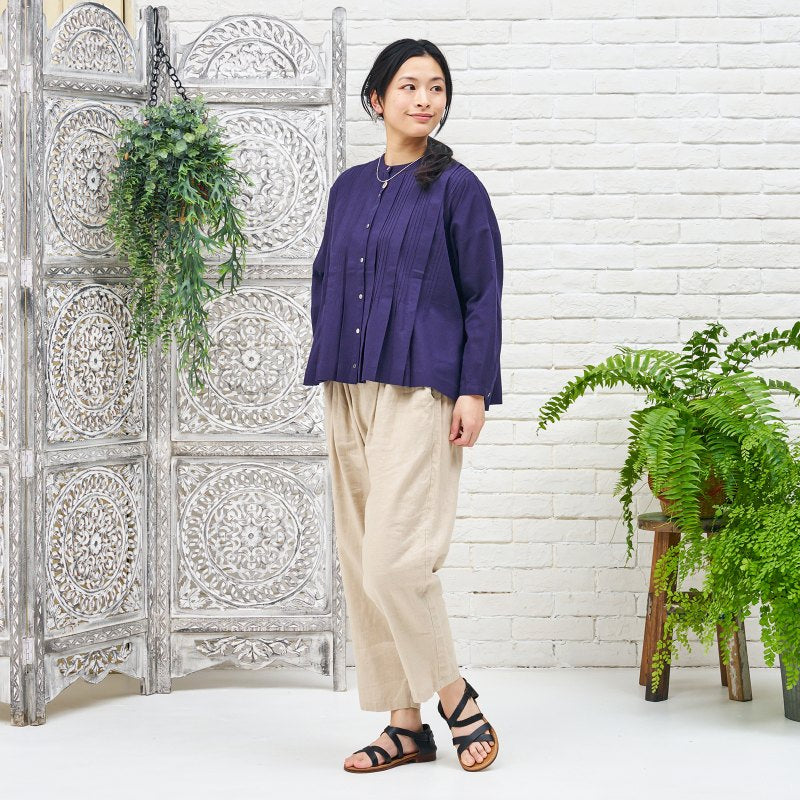 Linen-Blend Pintuck Short Blouse