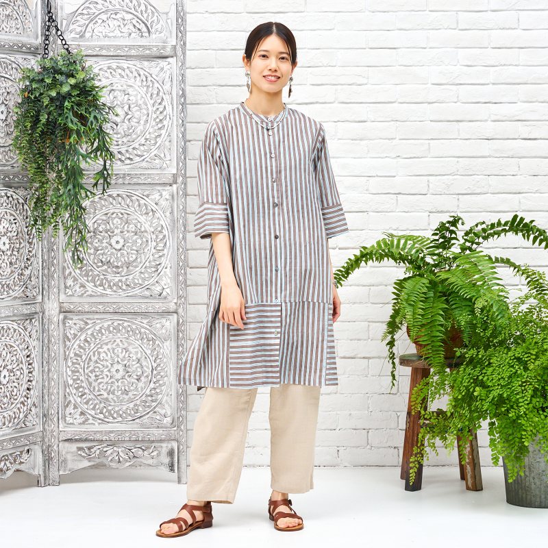 Block Print Stripe Front Open Dress
