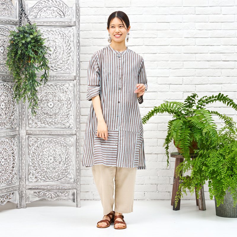 Block Print Stripe Front Open Dress