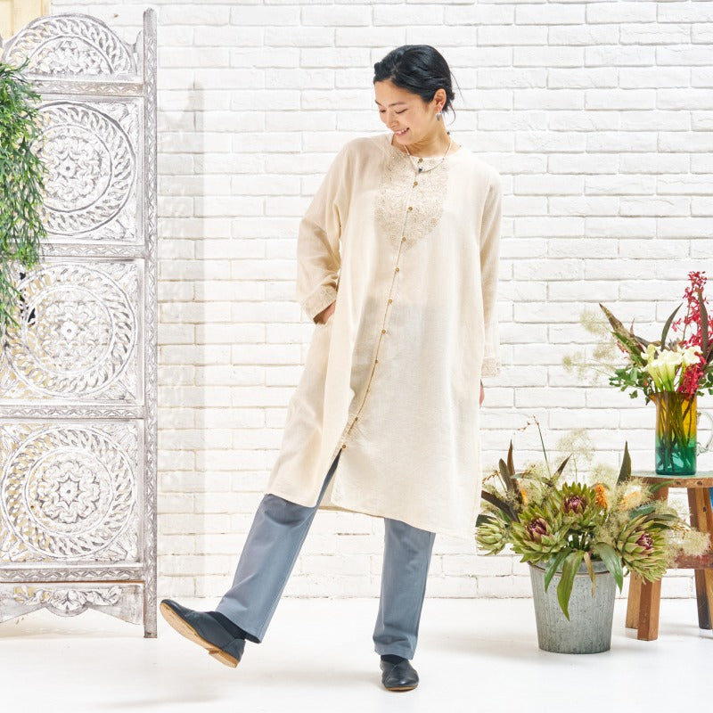 Cotton Zari Embroidery Front-Open Dress