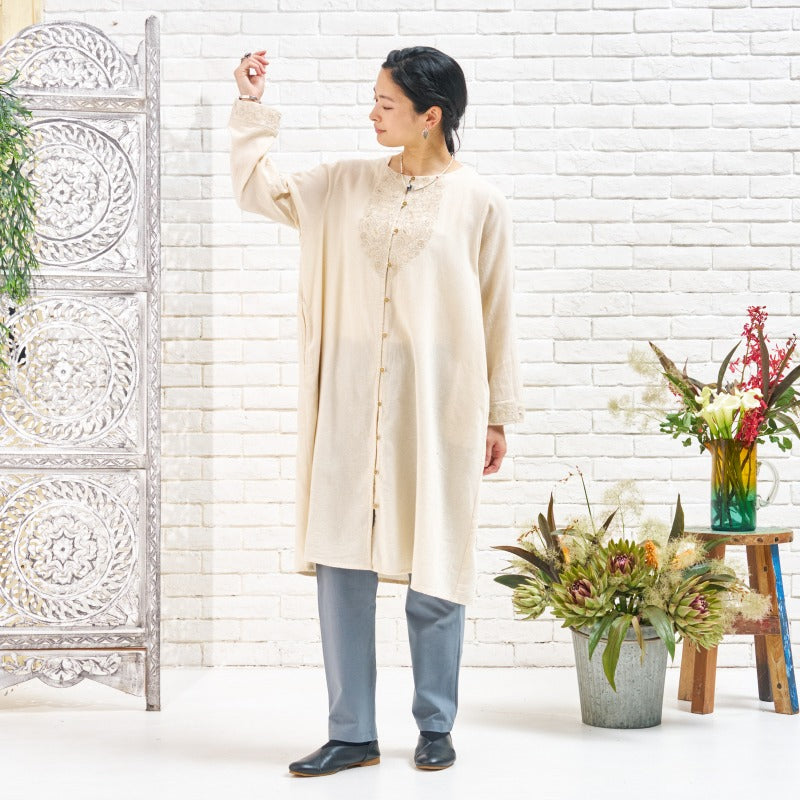 Cotton Zari Embroidery Front-Open Dress